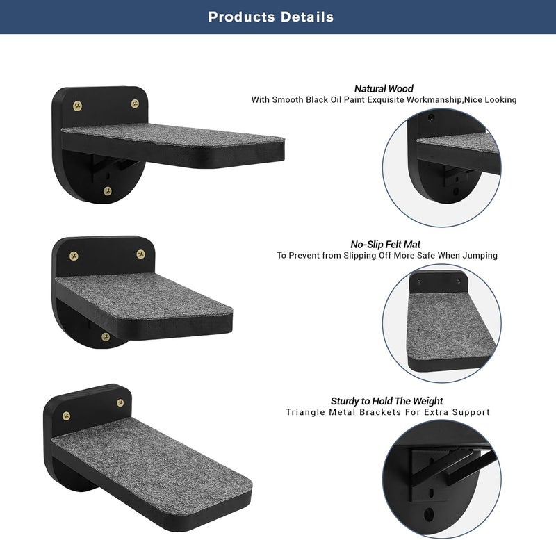 ES Pets Set of 3 Black Natural Sturdy Wood Cat Wall Floating Steps - Wall Mounted Cat Climbing Shelves and Perches, Kitty Stairs Climber Ladder for Wall - Holds up 35lbs - Image 2